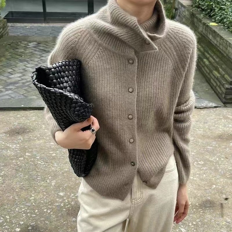 Wool Blend Coat - Cárdigan de cuello alto para mujer,